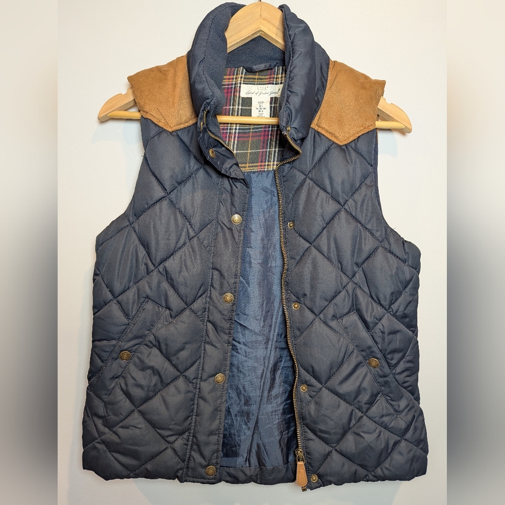 Vtg L.O.G.G Women's Size 6 Navy And Camel Riding Puffer Vest
